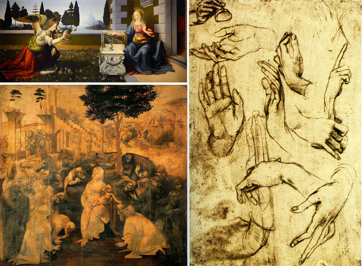 Леонардо да Винчи, «Благовещение» (сверху), «Поклонение волхвов» (внизу) и этюды с изображениями рук для этих картин