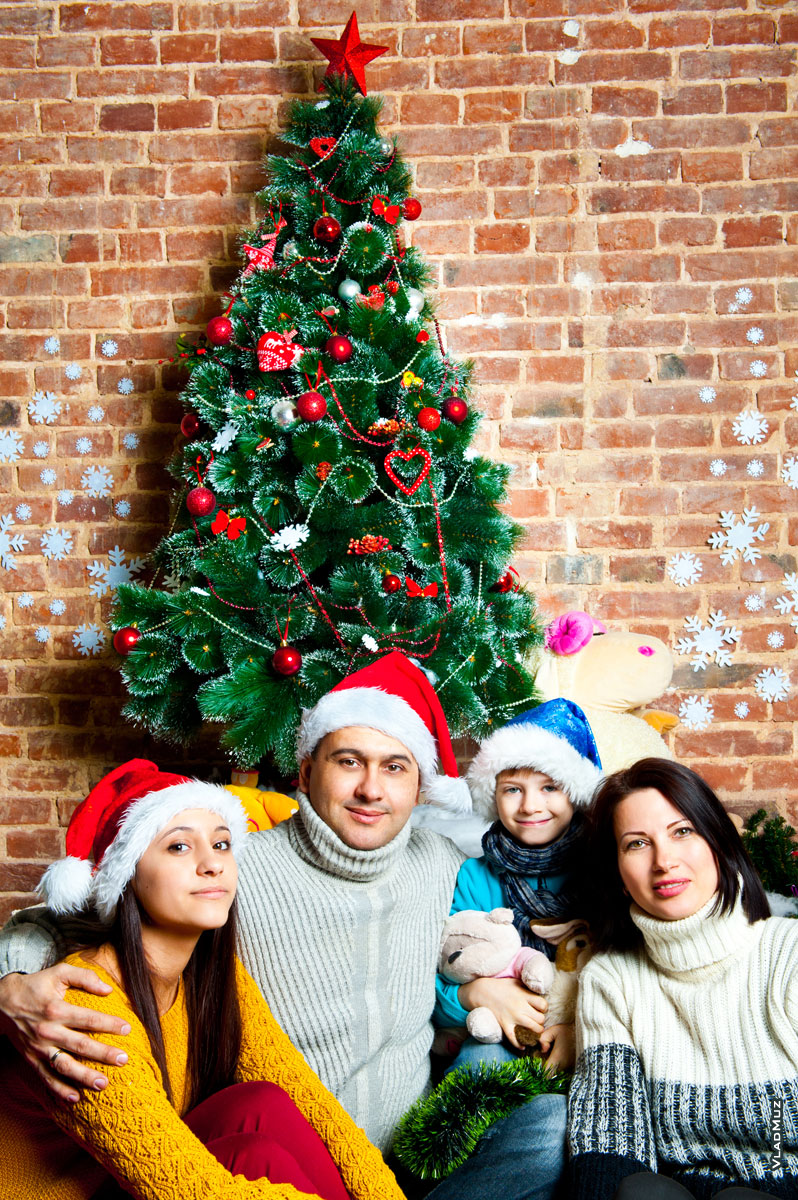 Семейный фотопортрет в студии на фоне наряженной новогодней елки