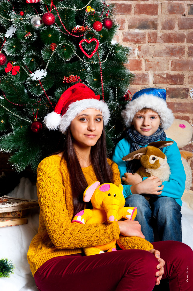 Парный детский фотопортрет с мягкими игрушками у новогодней елки