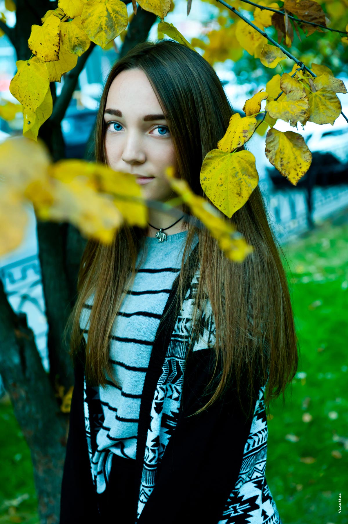 Осенний фотопортрет девушки с избирательной резкостью среди желтых листьев