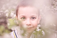 Детский портрет сквозь ветви цветущего дерева, с акцентом на глазах