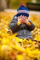 Осеннее фото малыша, сидящего на желтой листве, и закрывающего лицо руками