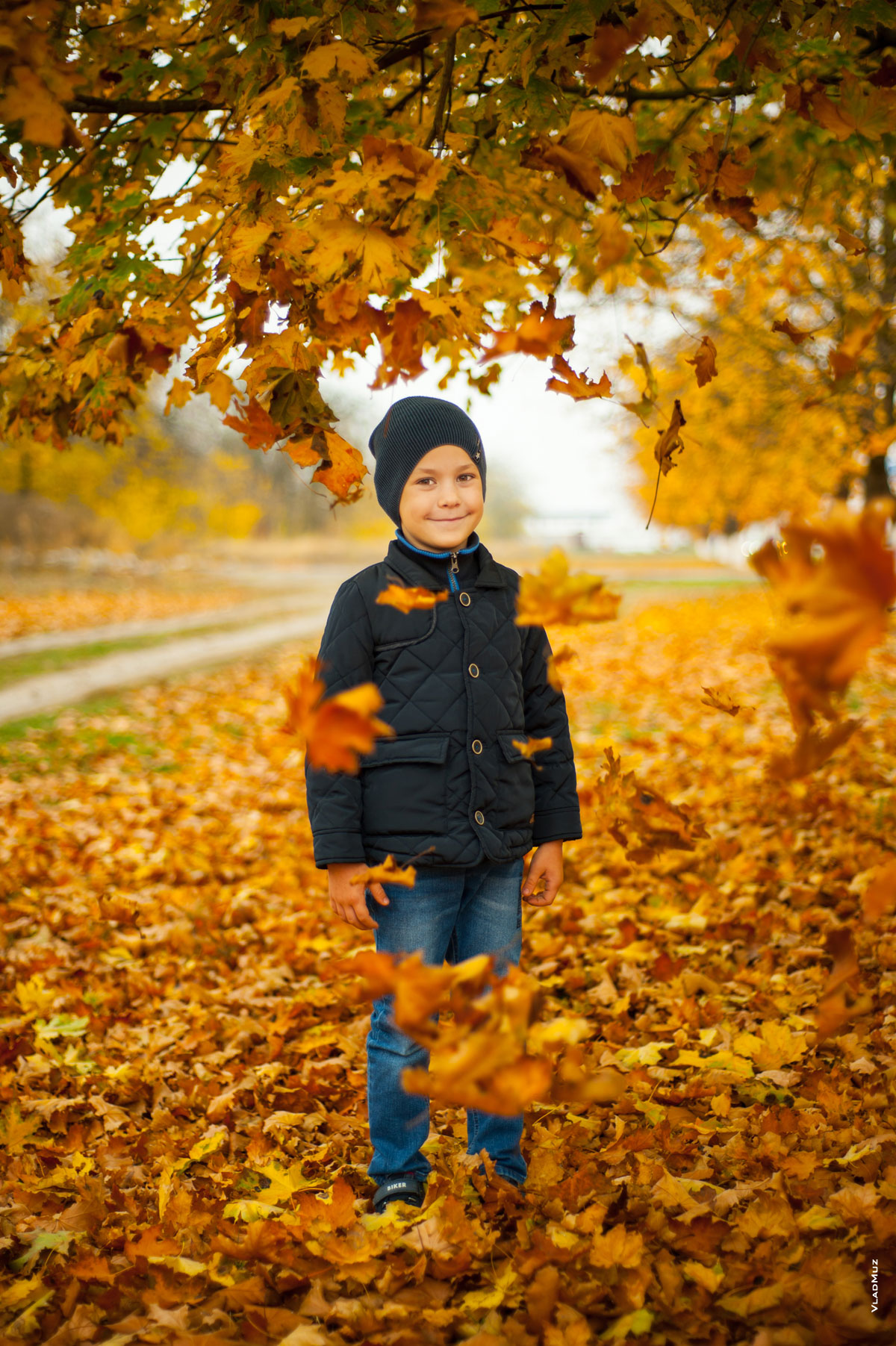 Фотопортрет мальчика осенью в полный рост с падающими желтыми кленовыми листьями