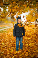 Фото портрет мальчика под клёном в полный рост с падающими кленовыми листьями