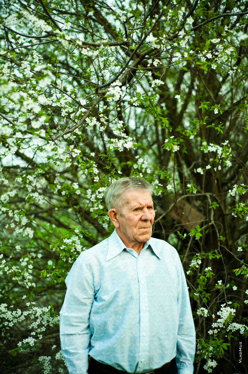 Строгий жанровый фото портрет пожилого мужчины на фоне цветущего дерева