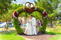 На фото общий вид сердечной композиции с женихом и невестой в центре арки