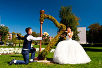 Жених на колене перед невестой с букетом, невеста у арфы посылает воздушные поцелуи