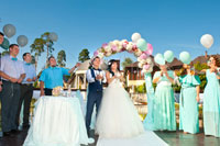Фото жениха с невестой, держащих белых свадебных голубей, и друзей молодоженов с воздушными шарами