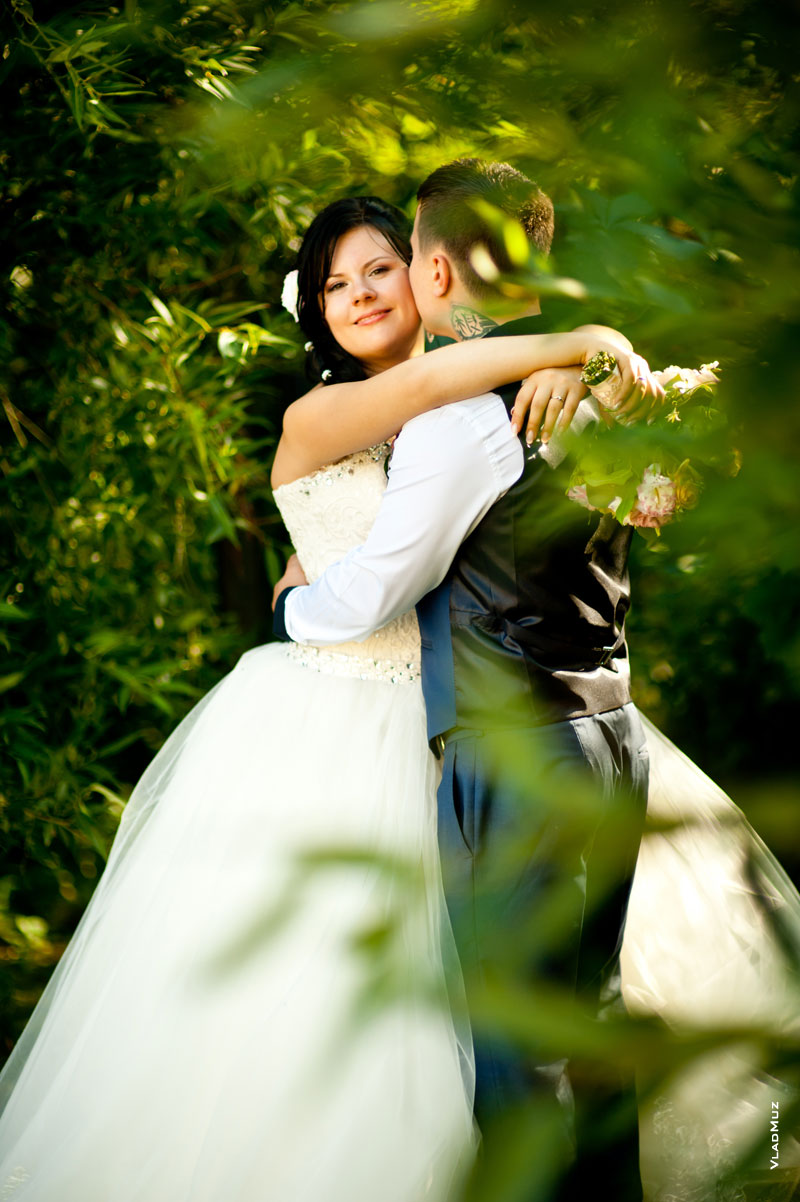 Фото свадебной пары в объятиях на фоне деревьев парка «Дворянское гнездо» в Королеве