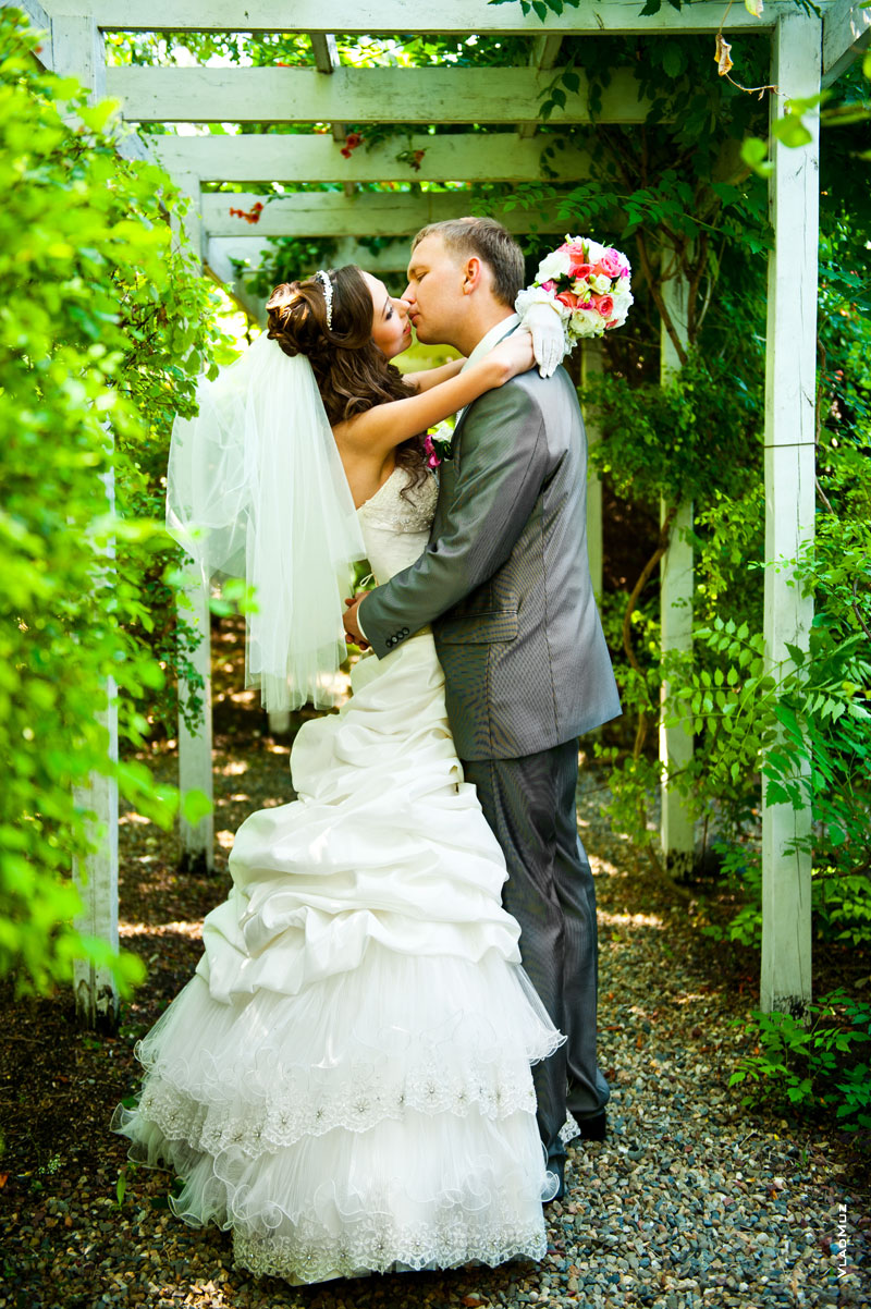 Фото поцелуя жениха и невесты в аллее ботанического сада Толоконникова в Новочеркасске