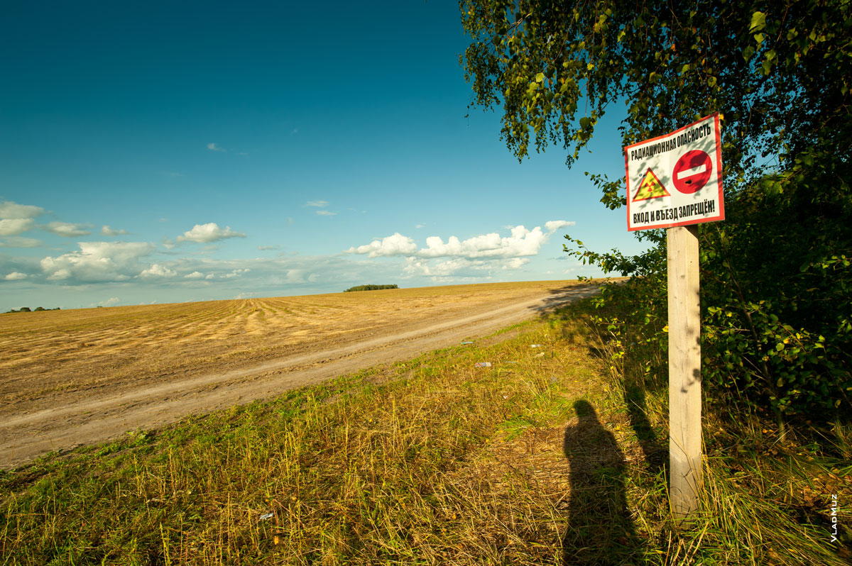Справа — льняное поле, слева — заброшенная деревня Слободка в зоне выселения и радиационной опасности в Белоруссии