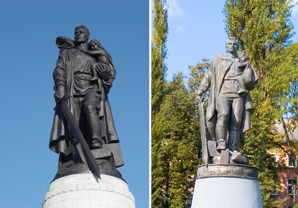 Слева — памятник Воину-освободителю в берлинском Трептов-парке, справа — памятник в городе Советске