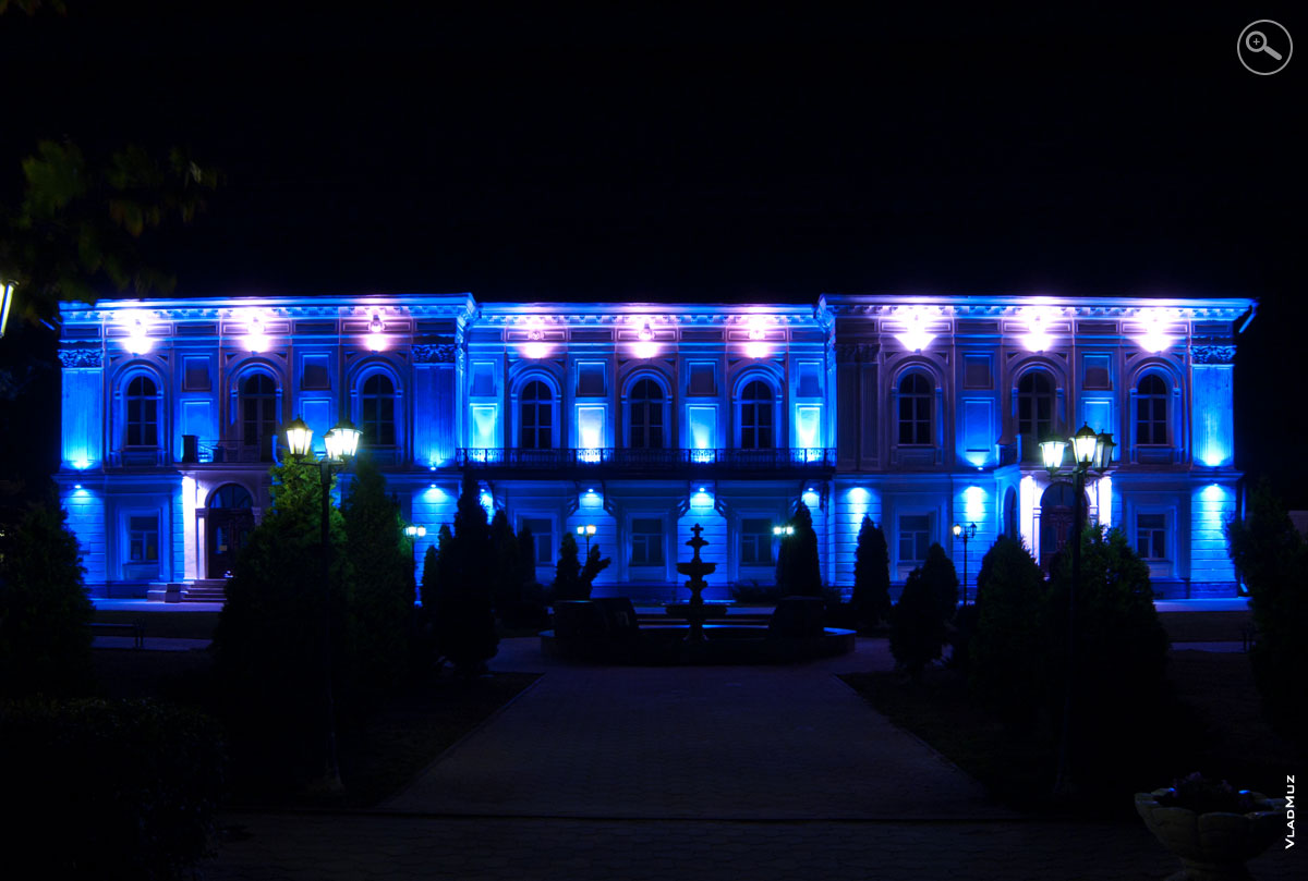 Здесь притягивает взгляд черный силуэт фонтана на фоне здания Атаманского дворца ночью в свете ночных осветителей
