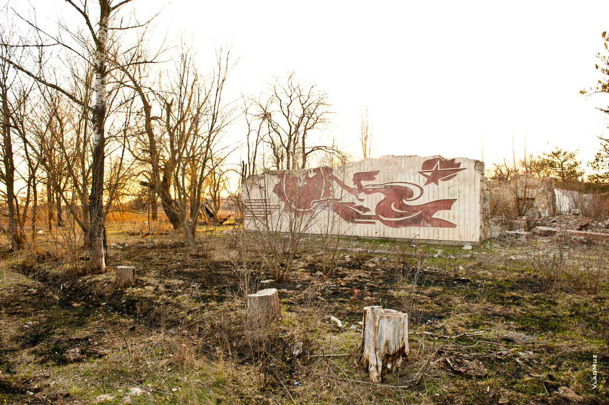 Фото развалин корпуса детского лагеря в Новочеркасске с пионерской мозаикой издалека