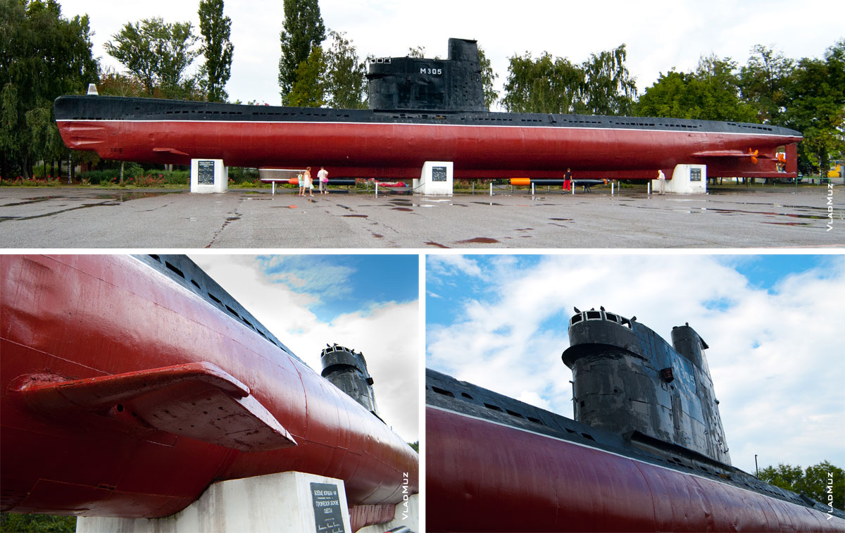Вверху — фотография подводной лодки в профиль, внизу — фото рулей глубины и рубки